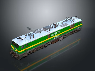 Green And White Electric Train With Yellow Stripes And Pantograph On Roof 3d model