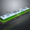 Green And White Electric Train With Yellow Stripes And Pantograph On Roof