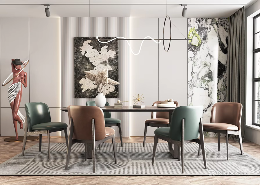Modern Stylish Dining Table Set With Green Brown Chairs And Decorative Painting Chandelier 3d model 