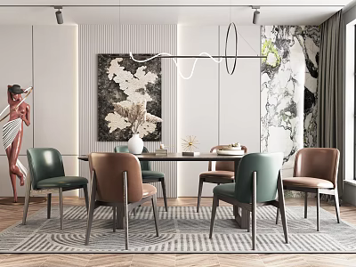 Modern Stylish Dining Table Set With Green Brown Chairs And Decorative Painting Chandelier 3d model