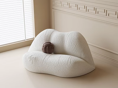 White Cloud Shaped Bean Bag Chair With Small Brown Cushion In Bright Room With Blinds 3d model