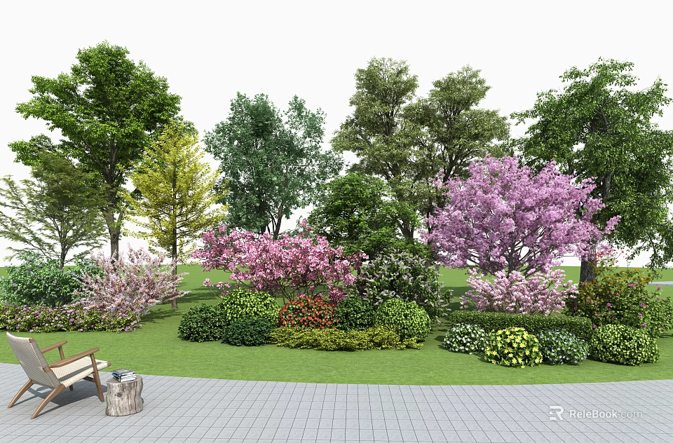Arbor Trees With Colorful Flowering Shrubs And Green Lawn In Garden Landscape 3d model 