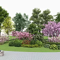 Arbor Trees With Colorful Flowering Shrubs And Green Lawn In Garden Landscape