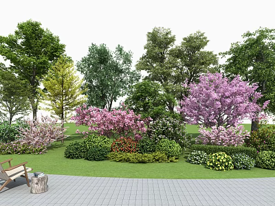Arbor Trees With Colorful Flowering Shrubs And Green Lawn In Garden Landscape 3d model