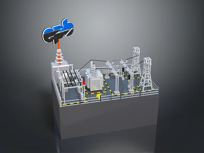 High Voltage Electrical Substation Equipment With Transformer And Transmission Towers 3d model