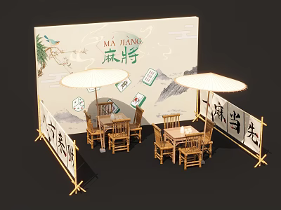 Traditional Chinese Style Mahjong Themed Photo Spot with Bamboo Umbrellas Tables Chairs and Characters 3d model