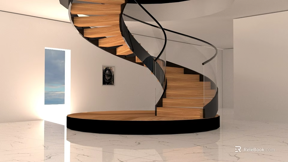 Modern Spiral Staircase With Wooden Steps Black Railings White Walls And Natural Light 3d model 