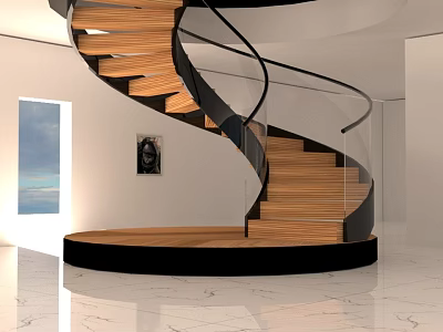 Modern Spiral Staircase With Wooden Steps Black Railings White Walls And Natural Light 3d model