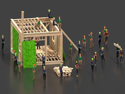 Construction Workers Building Wooden House Frame With Green Materials On Roof Ground And Wooden Planks 3d model