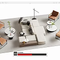 Modern L Shaped Sofa And Round Coffee Table Set With Brown Chairs And Green Plants