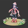 Cute 3D Character Model with Pink Coat Blue Hair Hat and Green Leafy Plants