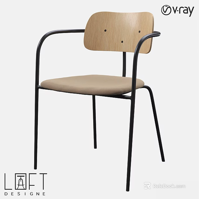 Comfortable Chair With Wooden Backrest Black Metal Frame And Beige Seat Cushion 3d model 