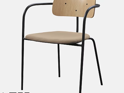 Comfortable Chair With Wooden Backrest Black Metal Frame And Beige Seat Cushion 3d model