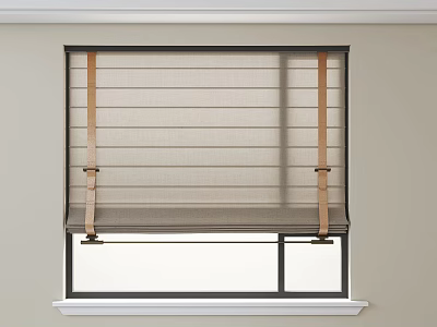 Beige Roman Shade With Straps Mounted On White Window Frame 3d model