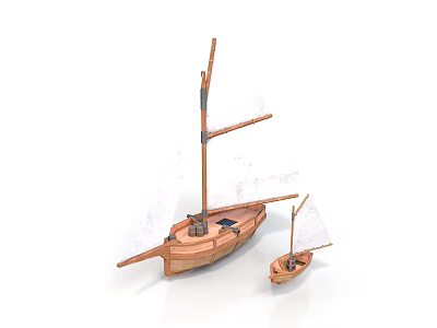 Large and Small Wooden Sailboats with Masts and Sails as Water Transport 3d model