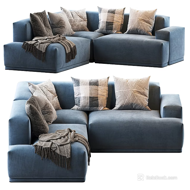 Modern Blue Sectional Sofa With Decorative Pillows And Soft Throw Blanket 3d model