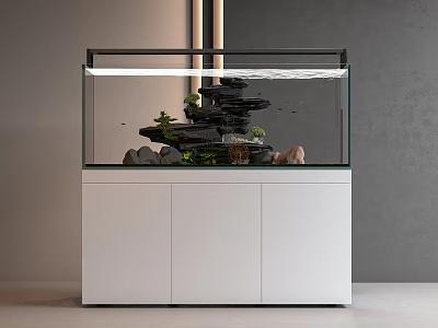 Modern Aquarium Featuring Rockery Green Plants Small Fish on White Cabinet Interior 3d model