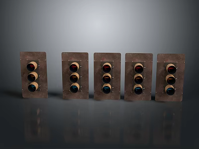 Brown Control Panels With Three Circular Buttons Each Arranged On Grey Reflective Surface 3d model