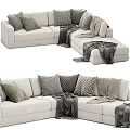 Modern Beige Sectional Sofa With Linen Fabric Plush Pillows And Throw Blankets 3d model