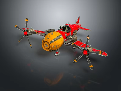 Red Yellow Futuristic Aircraft With Multiple Propellers Cockpit And Unique Design 3d model