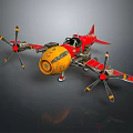 Red Yellow Futuristic Aircraft With Multiple Propellers Cockpit And Unique Design