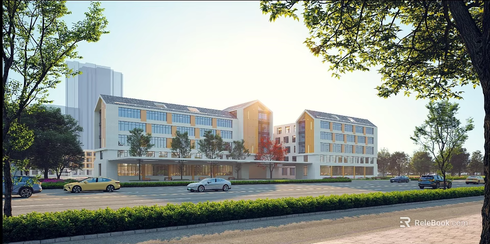Modern school building with multi story structure yellow white facade trees and cars on road 3d model 