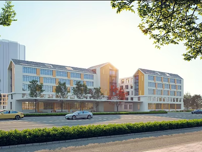 Modern school building with multi story structure yellow white facade trees and cars on road 3d model