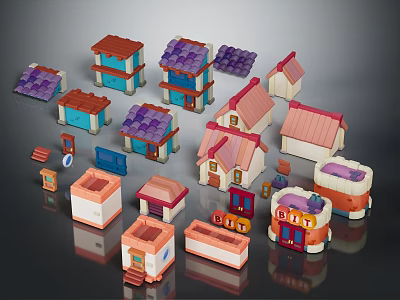 Playful Cartoon Building Blocks Featuring Colorful Houses And Roof Components 3d model