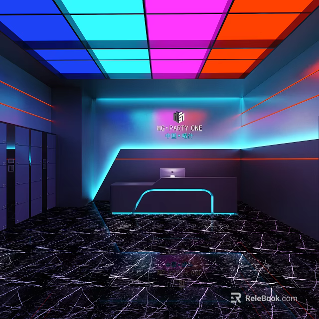 Modern Bar Interior With Colorful Neon Ceiling Lights Reception Desk And Dark Marble Floor 3d model 