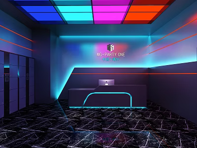 Modern Bar Interior With Colorful Neon Ceiling Lights Reception Desk And Dark Marble Floor 3d model