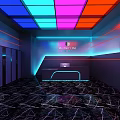 Modern Bar Interior With Colorful Neon Ceiling Lights Reception Desk And Dark Marble Floor