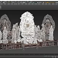 Traditional Buddha Sculpture Display With Central Figure Surrounding Statues Offerings And Vases