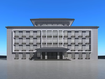 Modern Multi Storey Office Building With Stone Facade Large Windows And Entrance Portico 3d model