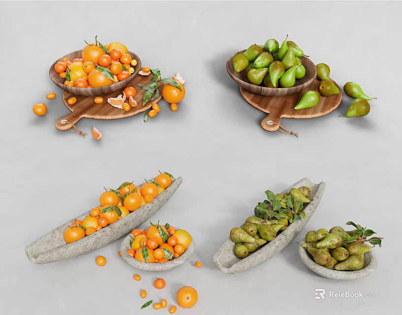 Fresh Assorted Fruits Oranges Green Pears in Wooden Plates and Stone Bowls 3d model 