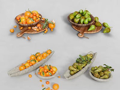 Fresh Assorted Fruits Oranges Green Pears in Wooden Plates and Stone Bowls 3d model