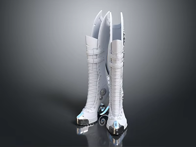 Modern Stylish White Long Boots with Metallic Details and Silver Reflective Soles 3d model