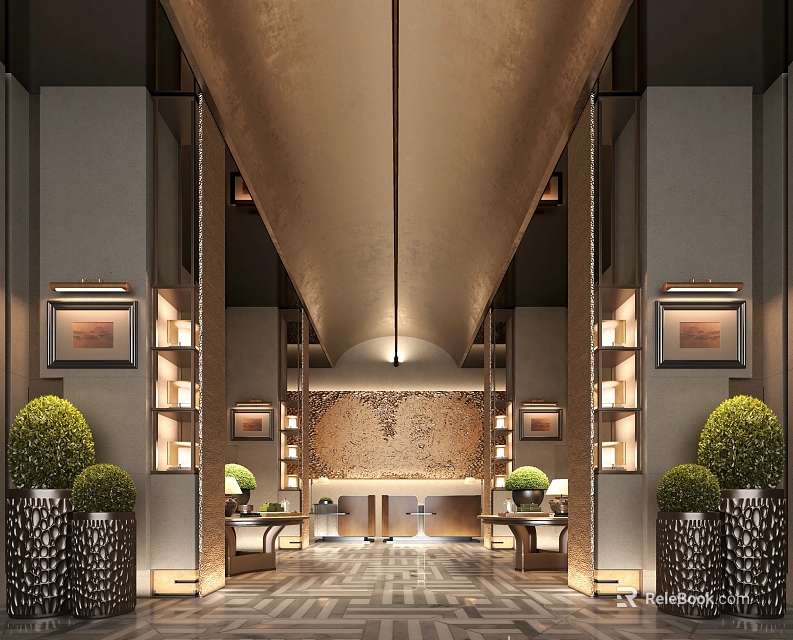 Elegant Hotel Lobby Interior With Reception Desk Potted Plants Wall Art And Warm Lighting 3d model 