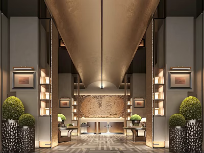 Elegant Hotel Lobby Interior With Reception Desk Potted Plants Wall Art And Warm Lighting 3d model
