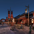 Ancient Style Commercial Street With Traditional Architecture Red Lanterns And Evening Pedestrians