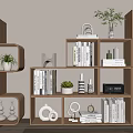 Modern Stylish Wooden Bookshelf Design With Books Decorative Ornaments And Green Plants