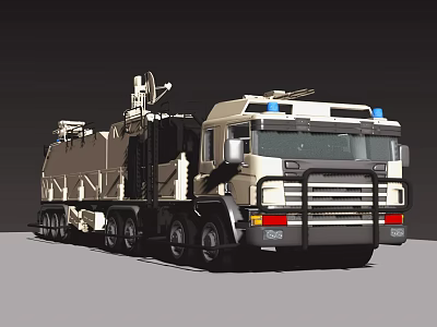 Beige Military Utility Truck Featuring Large Tank Mounted Equipment Blue Lights And Multiple Wheels 3d model