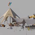 Camping Tents With Multiple Designs Tables Chairs Balloons And Animal Sculptures Setup