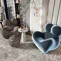 Stylish Casual Sofa Set With Black White Striped And Blue Single Sofas Round Side Table 3d model