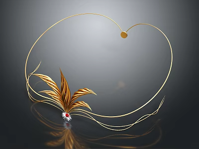 Gold Heart Shaped Necklace Featuring Gold Leaf Decoration Red Gemstone and White Accent 3d model