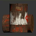 Old Rusty Barrels With Flammable Labels And Red Hazard Symbols On Dark Reflective Surface
