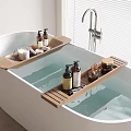 Modern White Bathtub With Wooden Trays Bath Products And Chrome Faucet