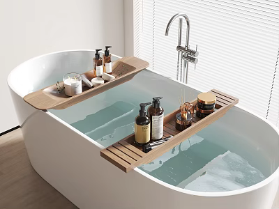 Modern White Bathtub With Wooden Trays Bath Products And Chrome Faucet 3d model