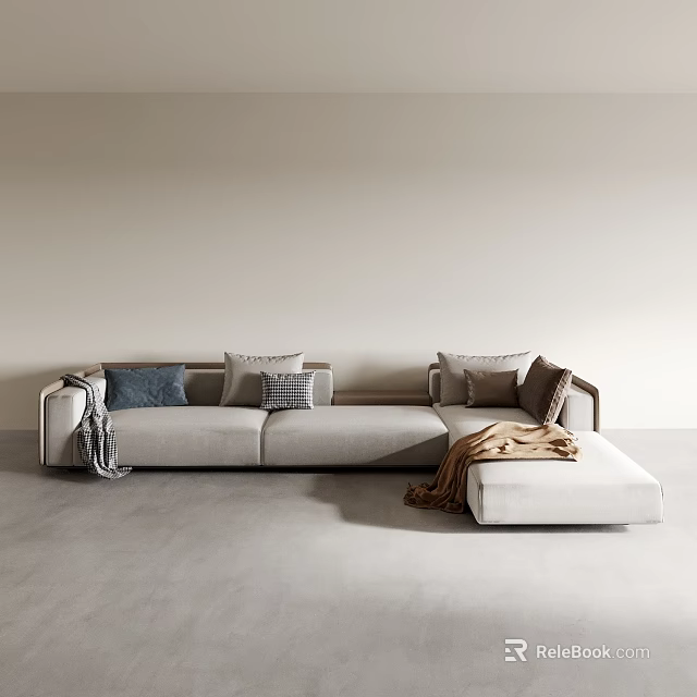 Light Gray L Shaped Sectional Sofa With Decorative Pillows Throw Blanket And Ottoman 3d model 