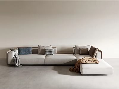 Light Gray L Shaped Sectional Sofa With Decorative Pillows Throw Blanket And Ottoman 3d model
