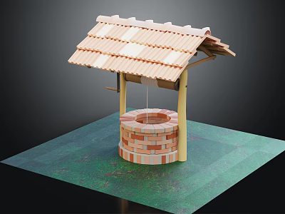 Garden Ornament Traditional Well Design with Tile Roof Brick Well Structure on Green Grass Base 3d model